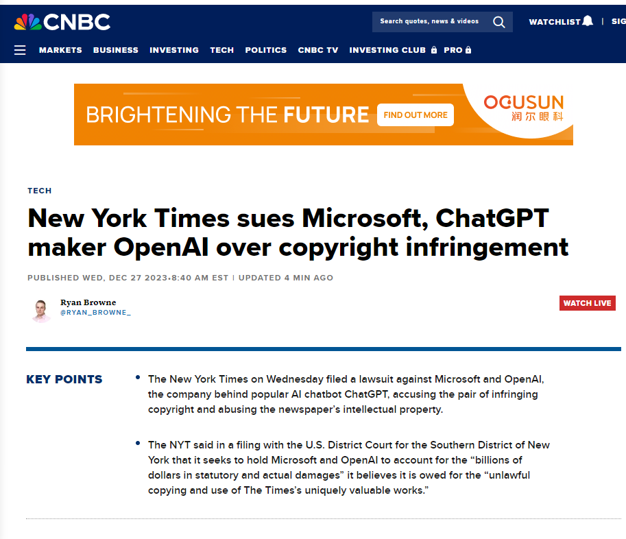 《纽约时报》就侵犯版权起诉OpenAI和微软